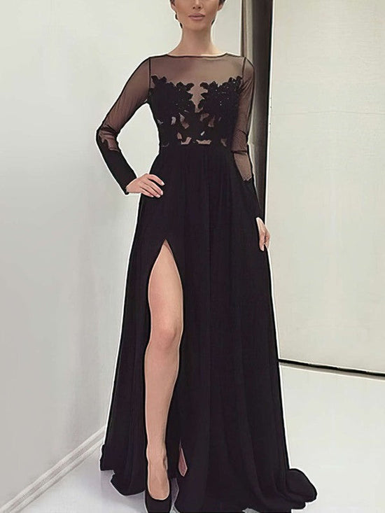 A-line Scoop Neck Chiffon Tulle Prom Dress with Appliques and Lace Sweep Train