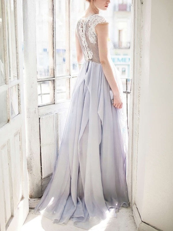 A-line Scoop Neck Chiffon Prom Dress with Appliques and Lace Sweep Train