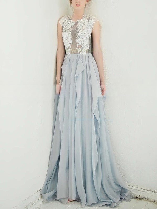 A-line Scoop Neck Chiffon Prom Dress with Appliques and Lace Sweep Train