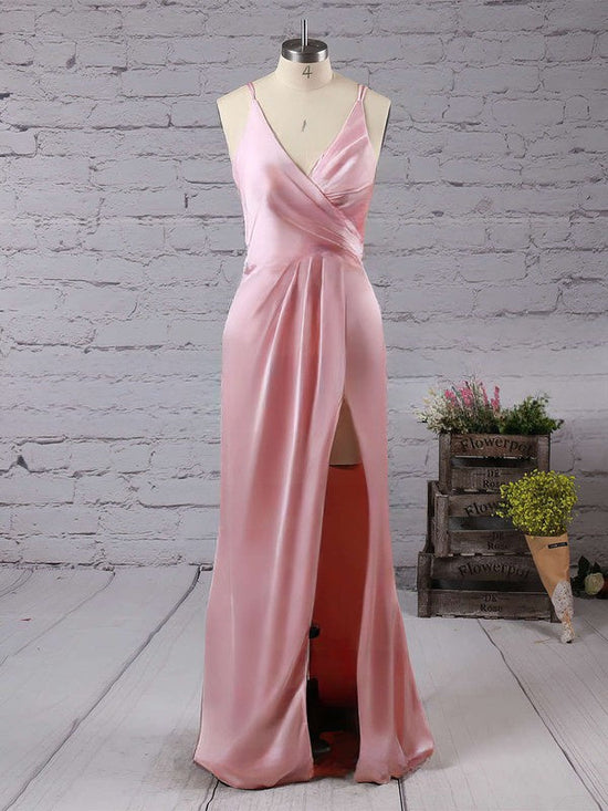 Elegant Sheath/Column V-neck Silk-like Satin Floor-length Split Front Prom Dresses