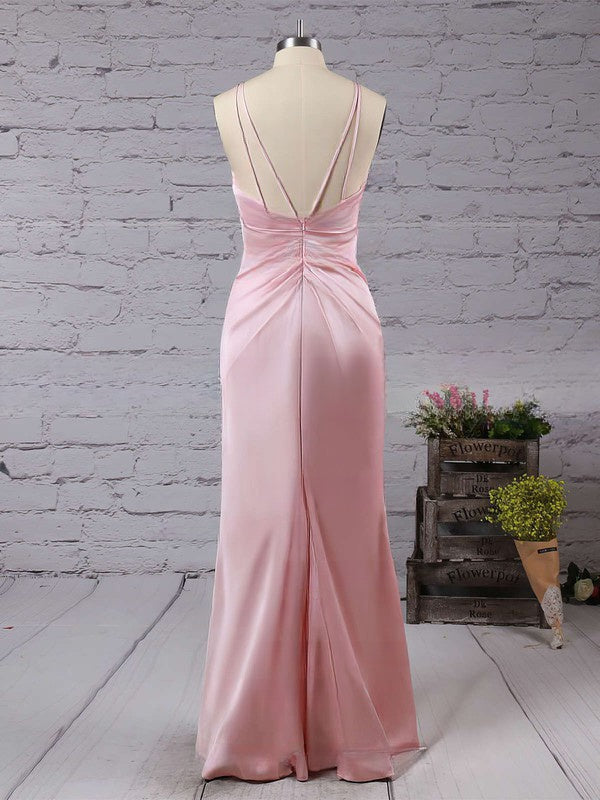 Elegant Sheath/Column V-neck Silk-like Satin Floor-length Split Front Prom Dresses