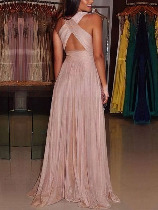 A-line V-neck Chiffon Floor-length Ruffles Prom Dresses