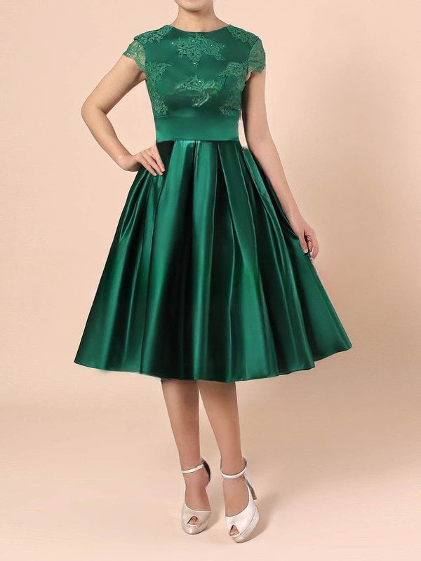 A-Line Satin Tulle Knee-Length Prom Dress with Lace Appliques and Backless Short Sleeves