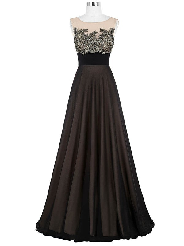 Satin A-line Prom Dress with Scoop Neck and Floor-length Appliques Lace