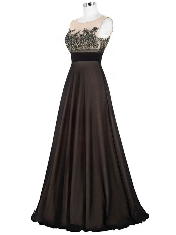 Satin A-line Prom Dress with Scoop Neck and Floor-length Appliques Lace