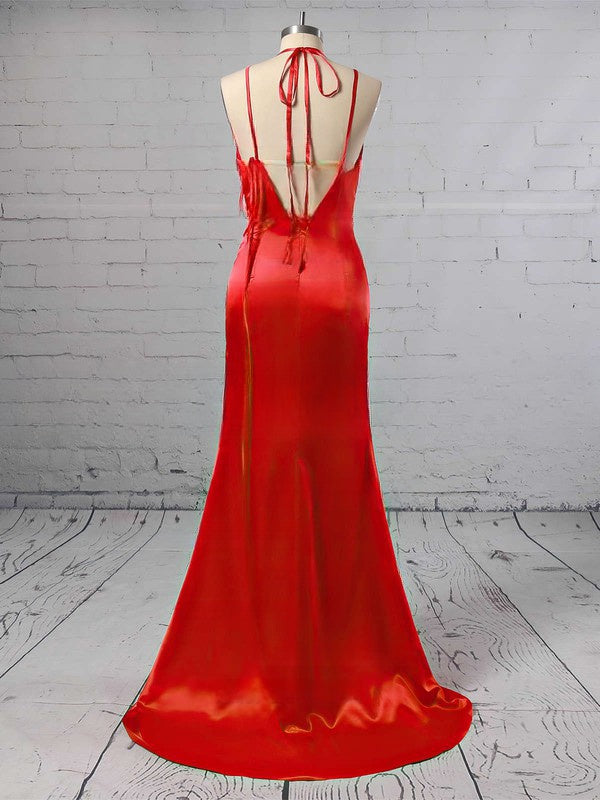V-neck Silk-like Satin Prom Dress with Sheath/Column & Split Front Sweep Train