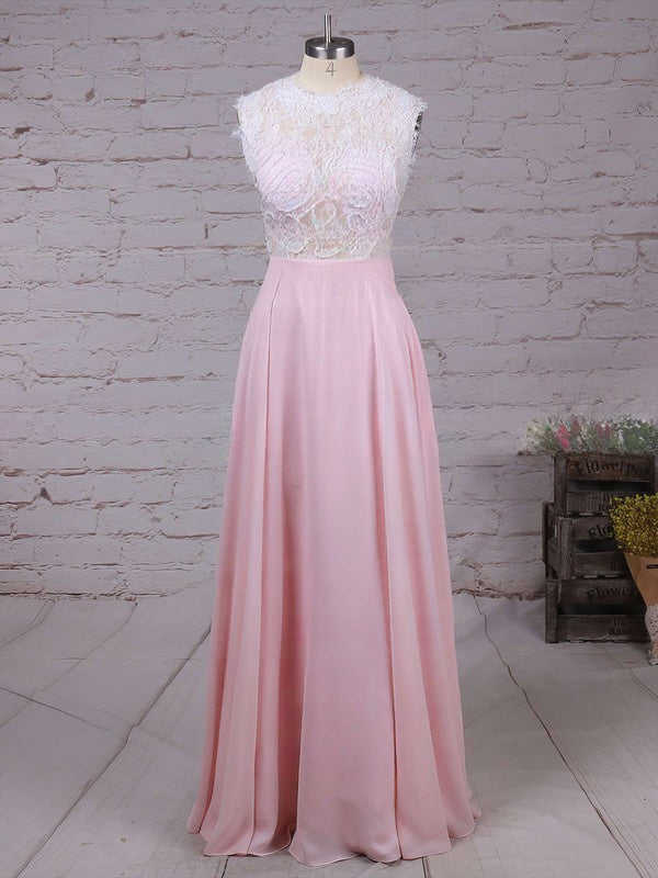 A-Line Scoop Neck Lace Chiffon Prom Dress with Beading Detail