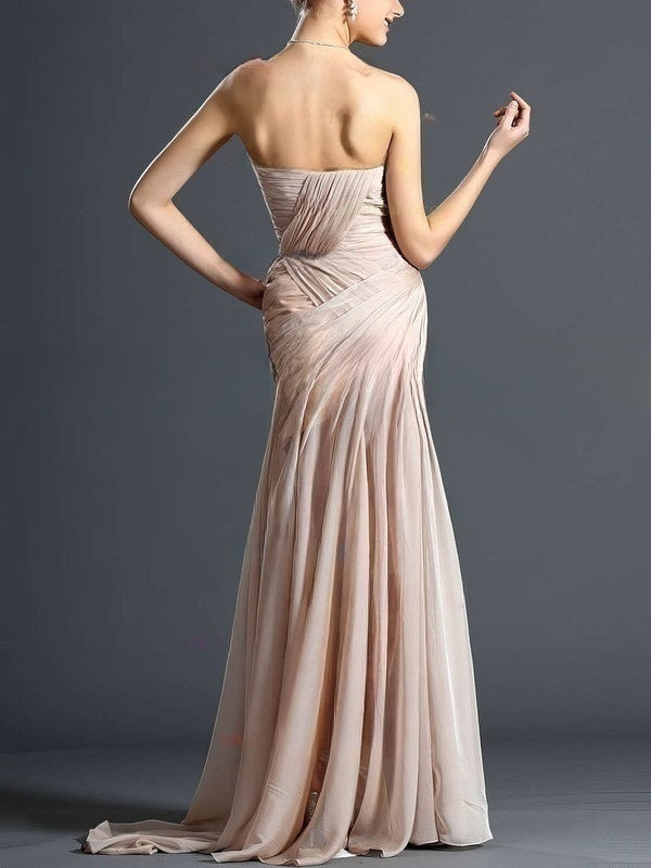 Elegant Sheath/Column V-neck Chiffon Sweep Train Ruffles Prom Dresses