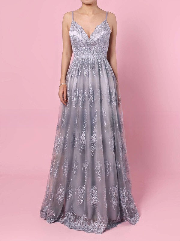 A-line V-neck Tulle Sweep Train Prom Dress with Appliques and Lace