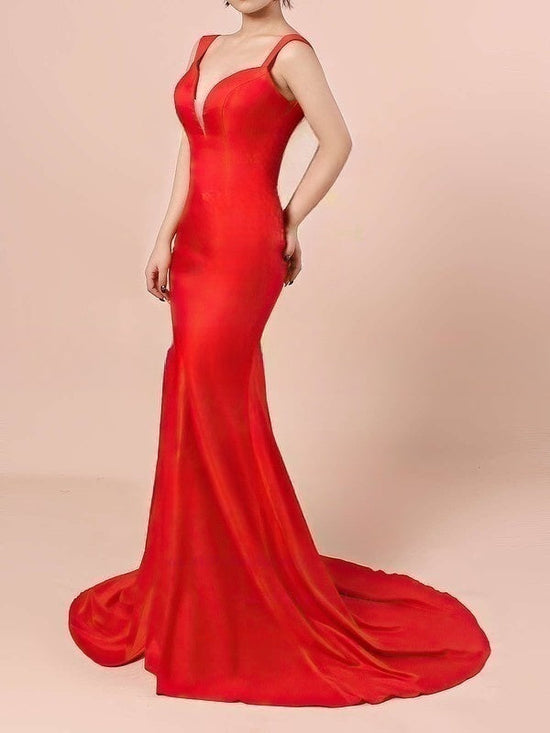 V-neck Silk-like Satin Sweep Train Split Front Prom Dress for Trumpet/Mermaid Style