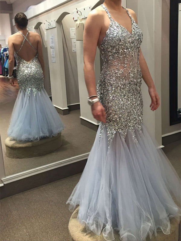 Stunning Trumpet/Mermaid Prom Dress with V-neck and Tulle Floor-length Skirt and Crystal Detailing