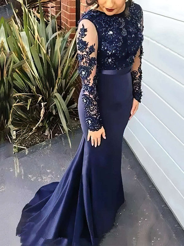 Silk-like Satin Trumpet/Mermaid Beading Prom Dress with Scoop Neck and Sweep Train Long Sleeves