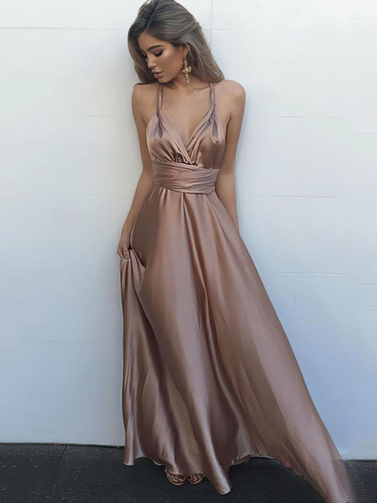V-Neck Silk-Like Satin A-Line Floor-Length Prom Dress with Ruffles