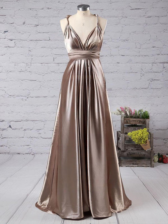 V-Neck Silk-Like Satin A-Line Floor-Length Prom Dress with Ruffles