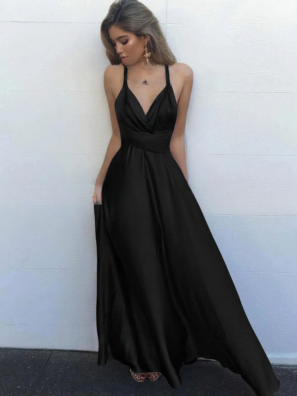 V-Neck Silk-Like Satin A-Line Floor-Length Prom Dress with Ruffles