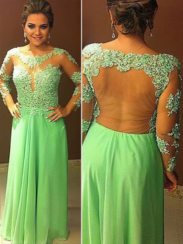 A-line Scoop Neck Chiffon Tulle Floor-length Appliques Lace Prom Dresses