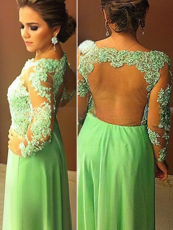 A-line Scoop Neck Chiffon Tulle Floor-length Appliques Lace Prom Dresses