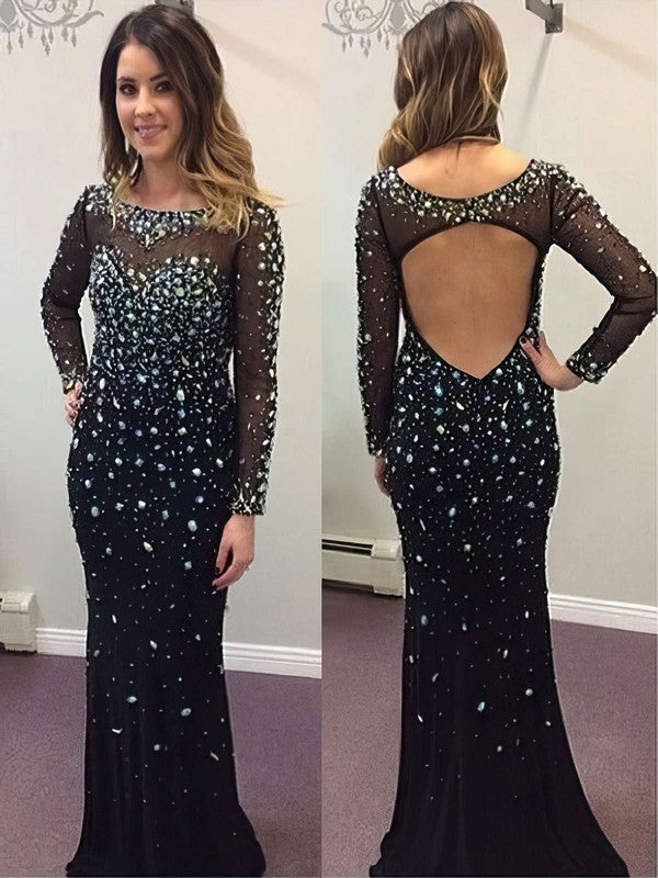 Glamorous Sheath/Column Beaded Prom Dress with Scoop Neck and Chiffon Sweep Train