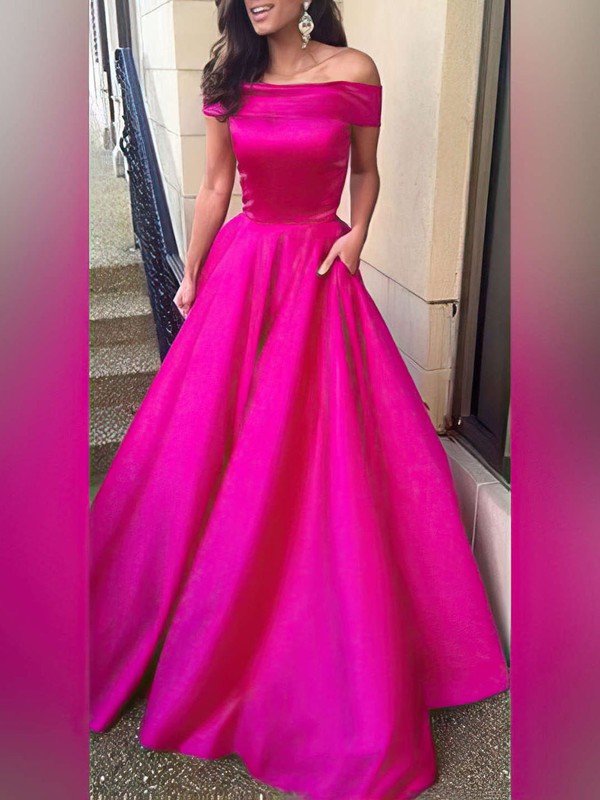 Off-the-shoulder Satin Ball Gown with Pockets and Sweep Train for Prom