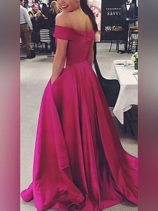 Off-the-shoulder Satin Ball Gown with Pockets and Sweep Train for Prom