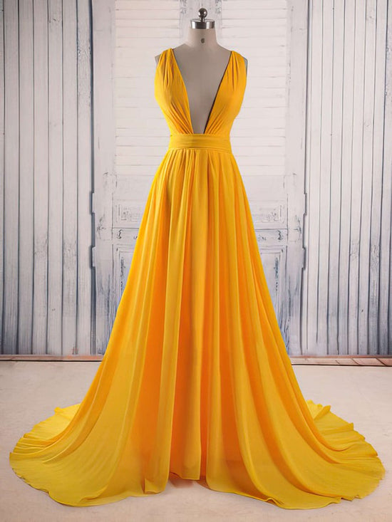 A-line V-neck Chiffon Court Train Ruffles Prom Dress