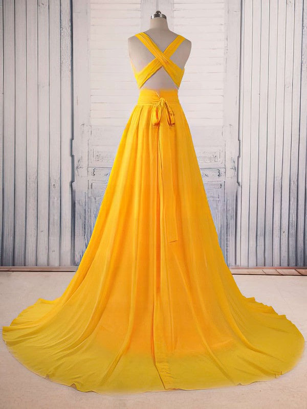 A-line V-neck Chiffon Court Train Ruffles Prom Dress