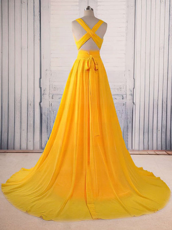 A-line V-neck Chiffon Court Train Ruffles Prom Dress