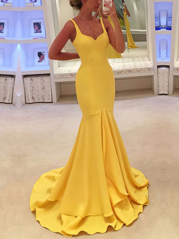 Mermaid V-neck Satin Prom Dress with Ruffles and Sweep Train