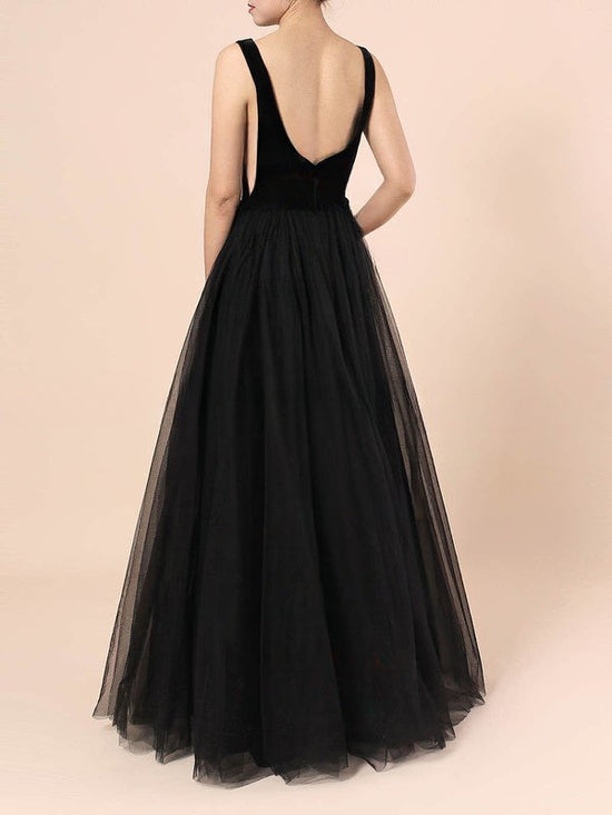 Scoop Neck Tulle Velvet Ball Gown Prom Dress with Sashes / Ribbons