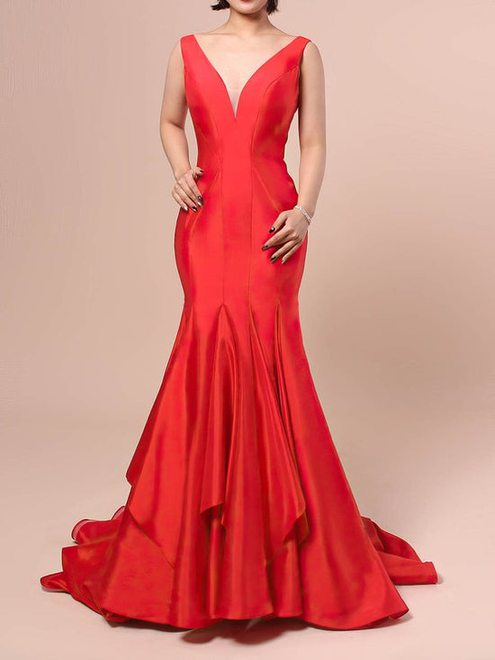 Elegant Trumpet/Mermaid V-neck Taffeta Sweep Train Prom Dresses