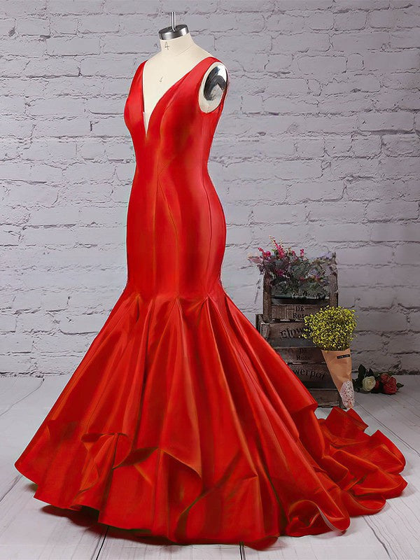 Elegant Trumpet/Mermaid V-neck Taffeta Sweep Train Prom Dresses