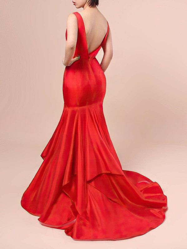 Elegant Trumpet/Mermaid V-neck Taffeta Sweep Train Prom Dresses