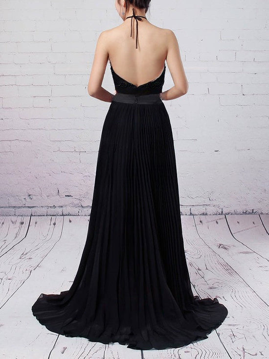 A-line Halter Chiffon Prom Dress with Beading and Sweep Train