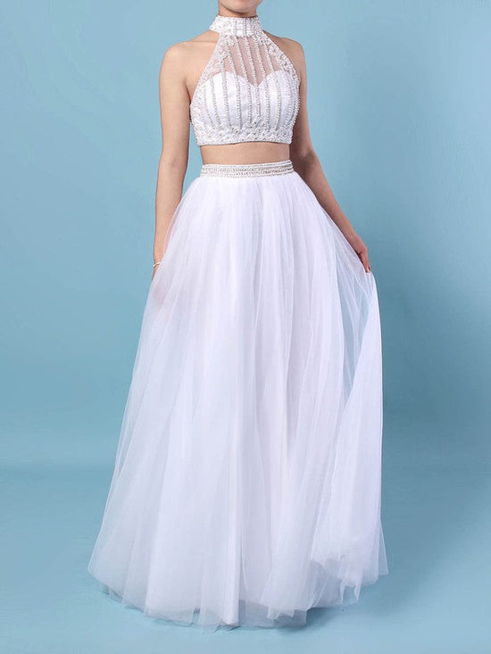 A-line High Neck Beaded Tulle Prom Dress for Floor-length Glamour