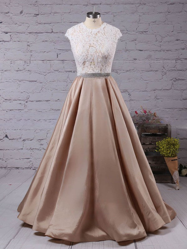 Elegant Ball Gown Lace Taffeta Prom Dress with Scoop Neck and Sashes/Ribbons