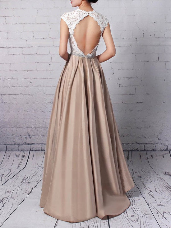 Elegant Ball Gown Lace Taffeta Prom Dress with Scoop Neck and Sashes/Ribbons