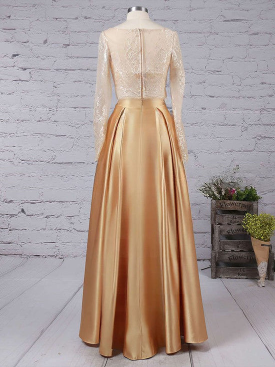 A-line Floor-length Lace Prom Dress in Silk-like Satin