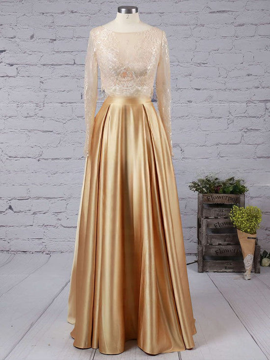 A-line Floor-length Lace Prom Dress in Silk-like Satin