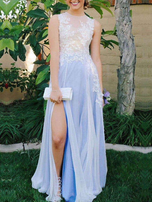 A-line Scoop Neck Chiffon Floor-length Appliques Lace Prom Dress
