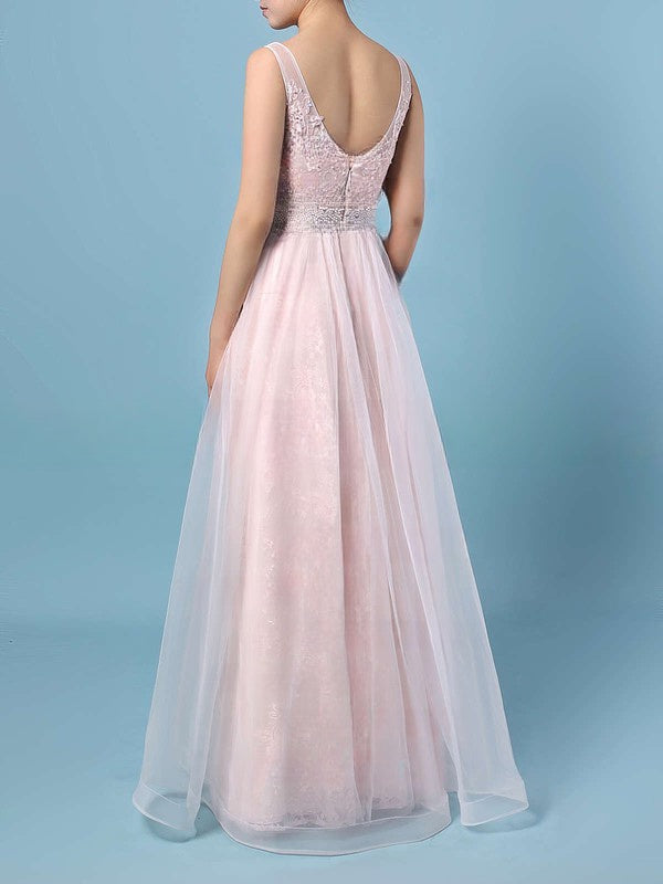 V-Neck Lace Tulle Princess Prom Dress with Crystal Detailing