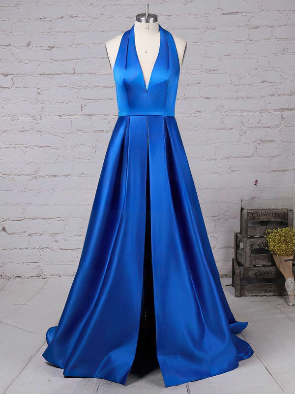 A-Line Halter Satin Floor-Length Split Front Prom Dress