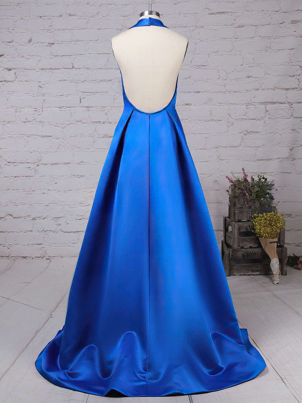 A-Line Halter Satin Floor-Length Split Front Prom Dress