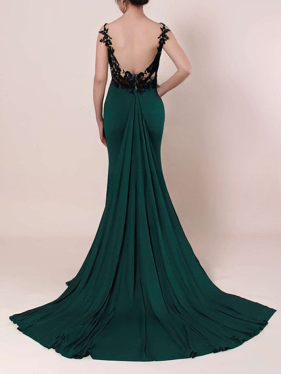 Elegant Appliques Lace Prom Dresses with Trumpet/Mermaid Square Neckline and Sweep Train