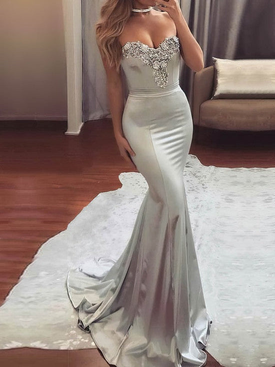 Elegant Trumpet/Mermaid Sweep Train Sweetheart Silk-like Satin Beading Prom Dresses