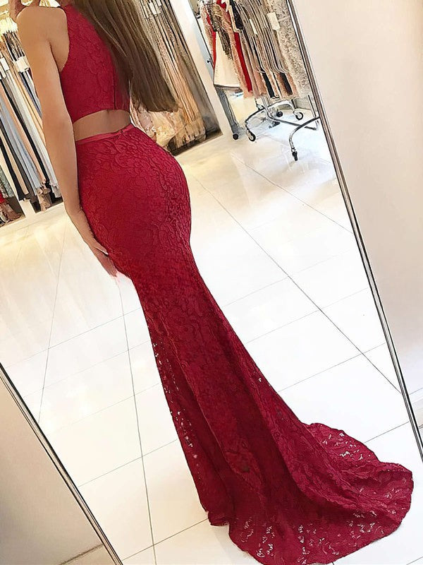 Mermaid High Neck Lace Prom Dresses with Sashes and Sweep Train