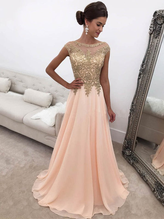 Glamorous Princess Scoop Neck Prom Dress with Chiffon Sweep Train and Appliques Lace