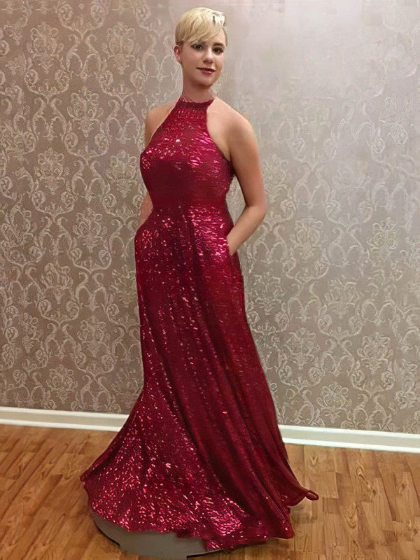 A-line Halter Sequined Floor-length Pockets Prom Dresses