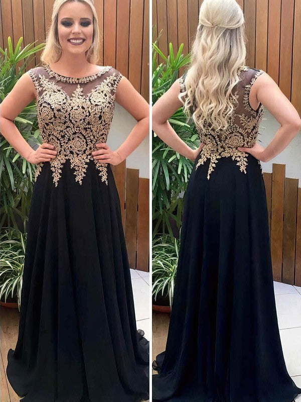 Elegant A-line Scoop Neck Chiffon Prom Dress with Beading and Sweep Train
