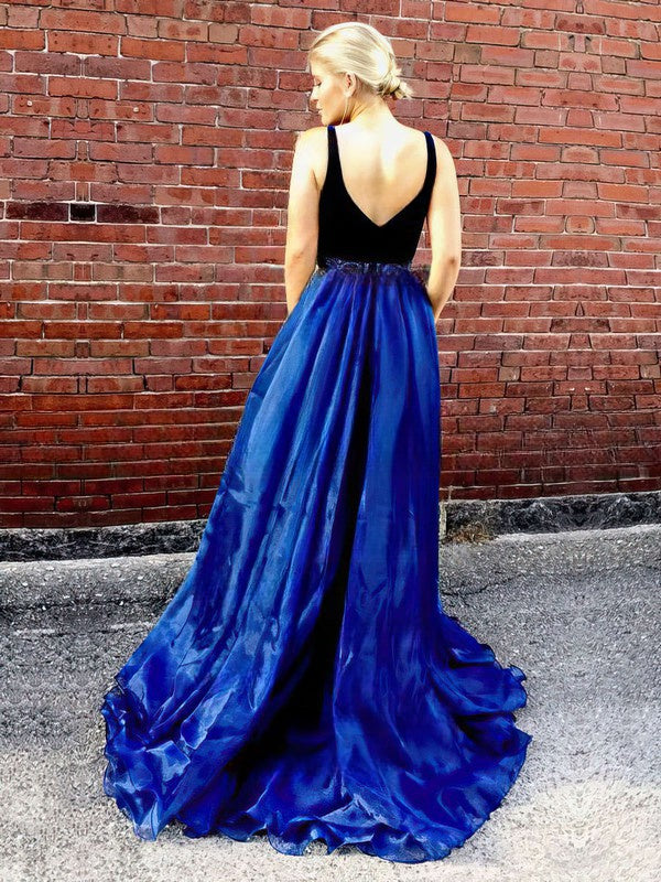 A-line V-neck Organza Velvet Prom Dress with Beading and Sweep Train