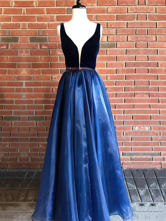 A-line V-neck Organza Velvet Prom Dress with Beading and Sweep Train